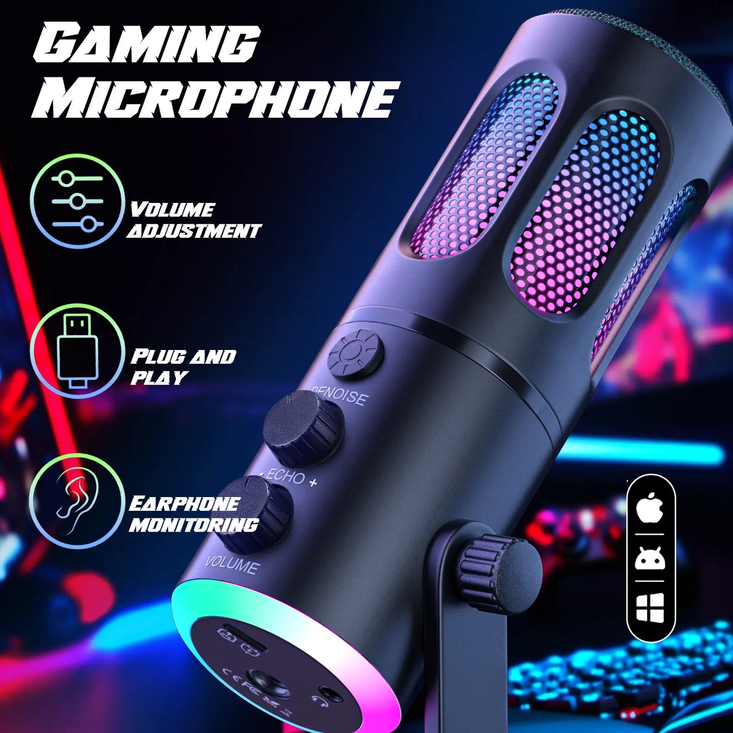 Facmogu SU8 USB XLR Condenser Gaming Microphone for Live Streaming and Podcasting with Mute, Gain, and RGB Controls - Ideal for Game Streaming, Recording Studios, and Online Communication
