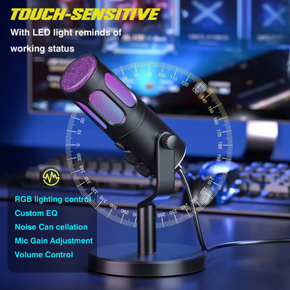 Facmogu SU8 USB XLR Condenser Gaming Microphone for Live Streaming and Podcasting with Mute, Gain, and RGB Controls - Ideal for Game Streaming, Recording Studios, and Online Communication